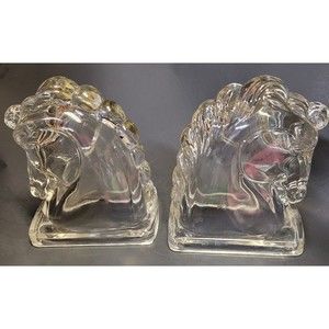 Pair Of Glass Federal Horse Heads Bookends Decor